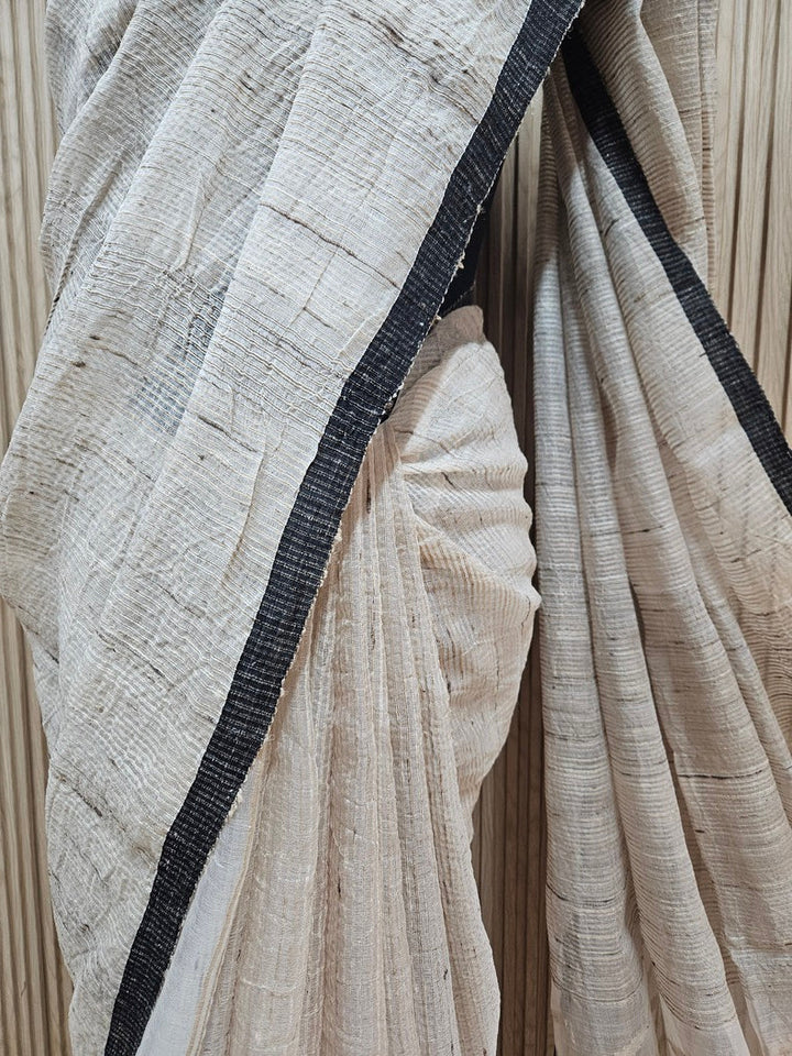 Off White & Black Handsloom Muslin Silk Saree With Jute Weave Balaram Saha