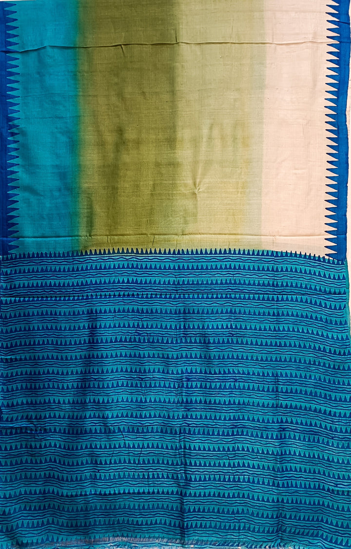 Blue & Beige Best Quality Handloom Tussar Silk Block Print Saree Balaram Saha
