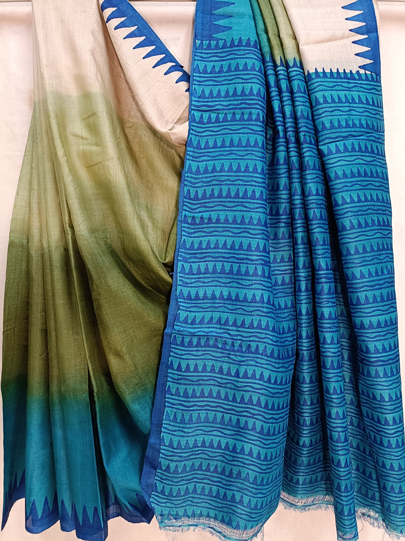 Blue & Beige Best Quality Handloom Tussar Silk Block Print Saree Balaram Saha