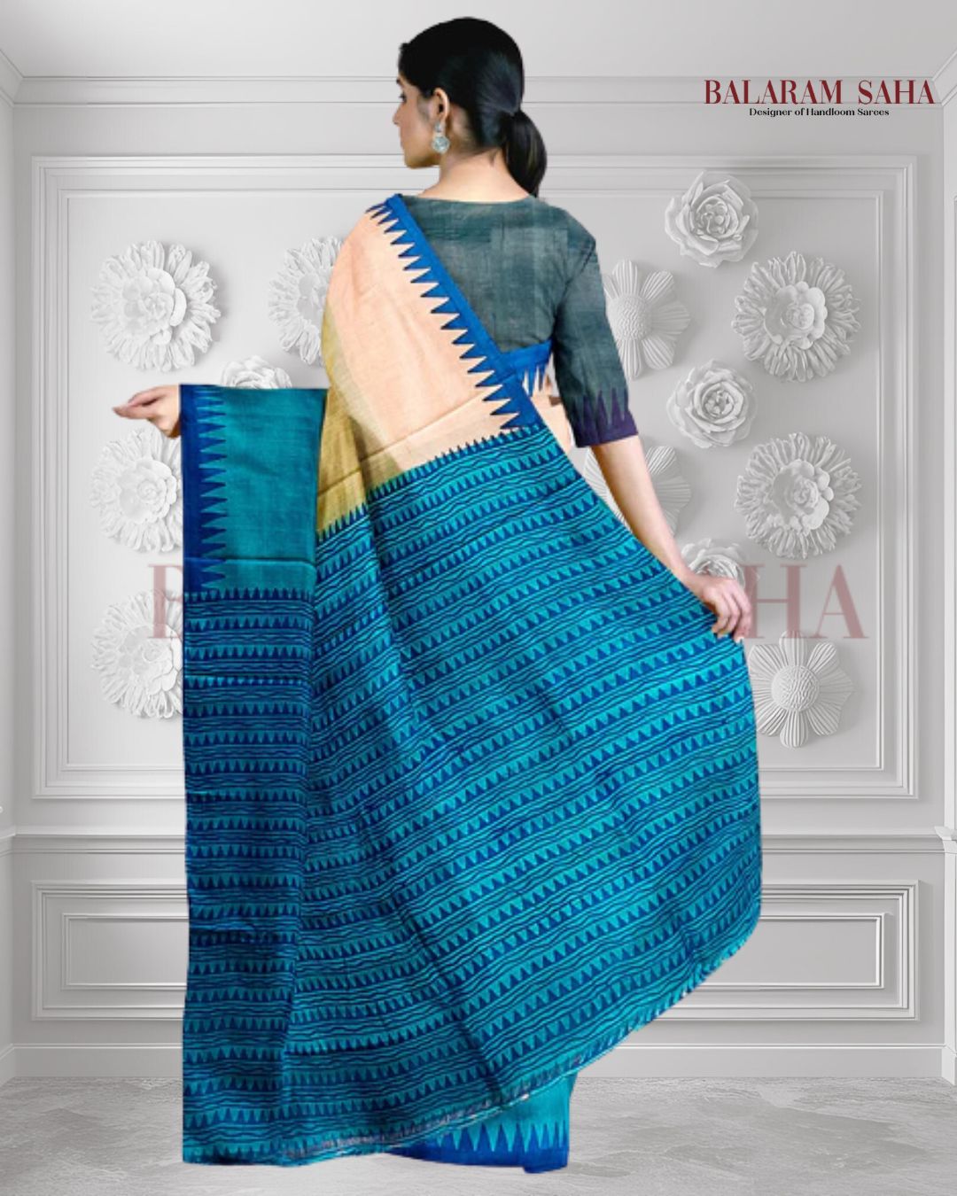 Blue & Beige Best Quality Handloom Tussar Silk Block Print Saree Balaram Saha
