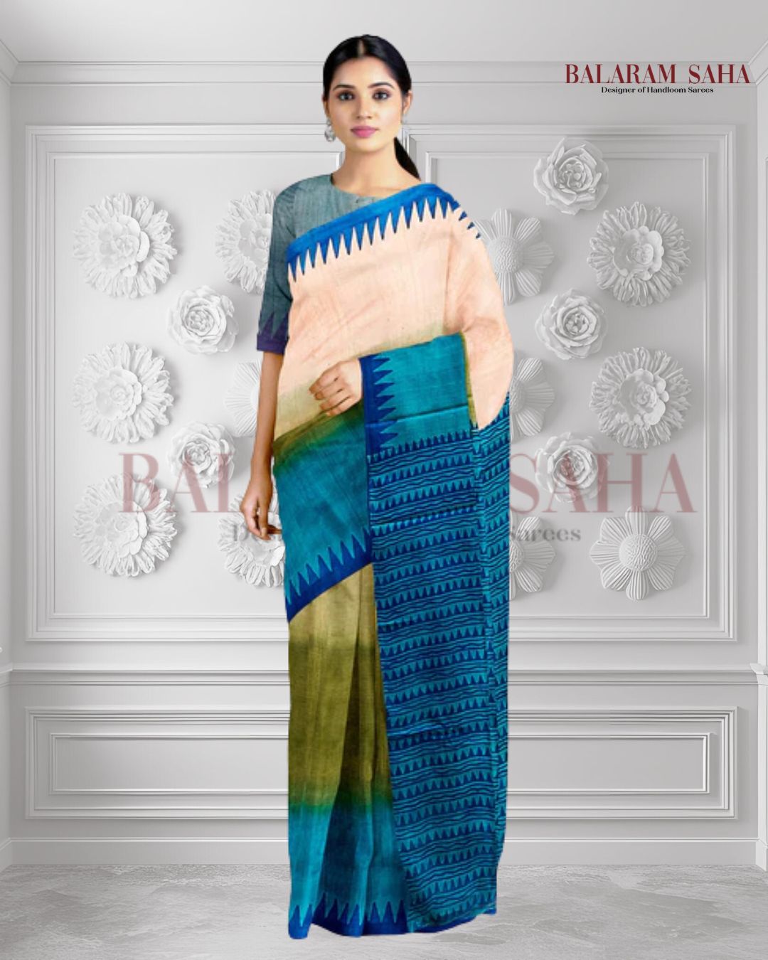 Blue & Beige Best Quality Handloom Tussar Silk Block Print Saree Balaram Saha