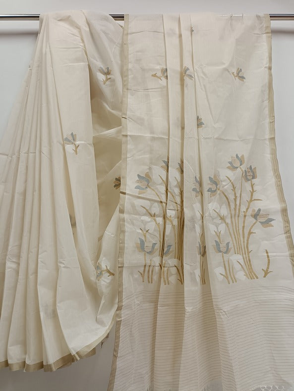 White Handloom Cotton Jamdani Saree with Multicolor Floral Motif Balaram Saha