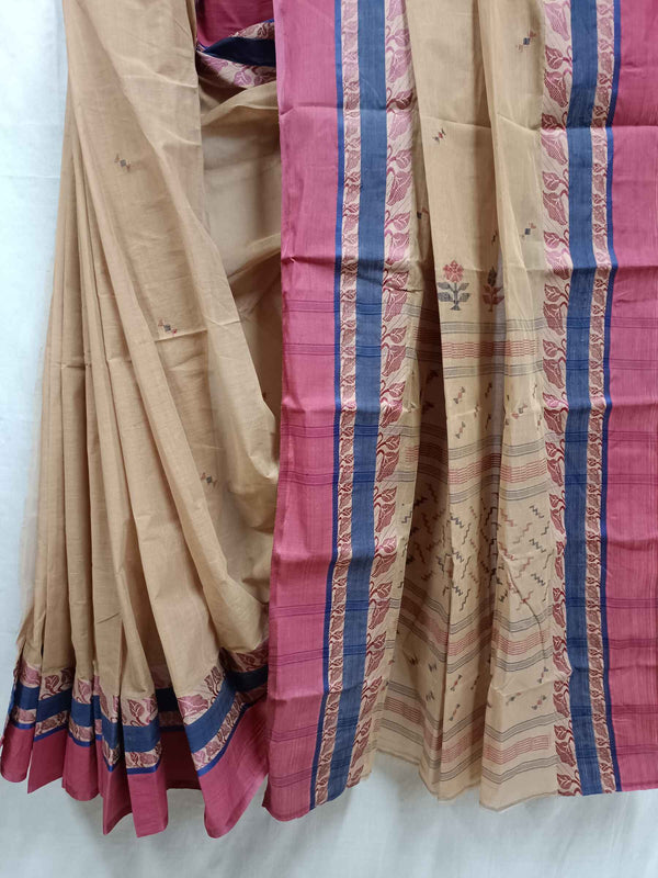 Beige Handloom Traditional Cotton Saree With Maroon/Blue Border Balaram Saha