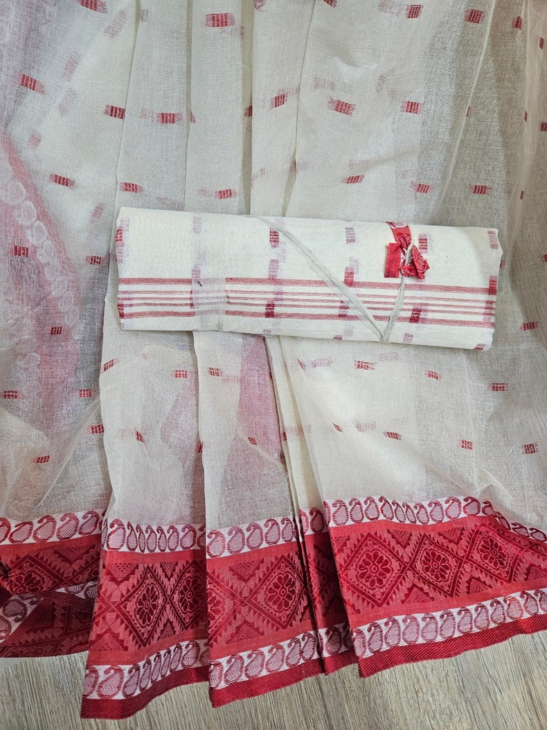 Off-White & Red Handloom Traditional Tangail Cotton Saree Balaram Saha