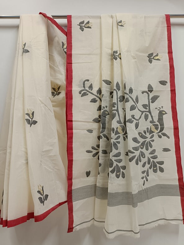 White & Red Handloom Handwoven Cotton Jamdani Saree with Bird Motif Balaram Saha