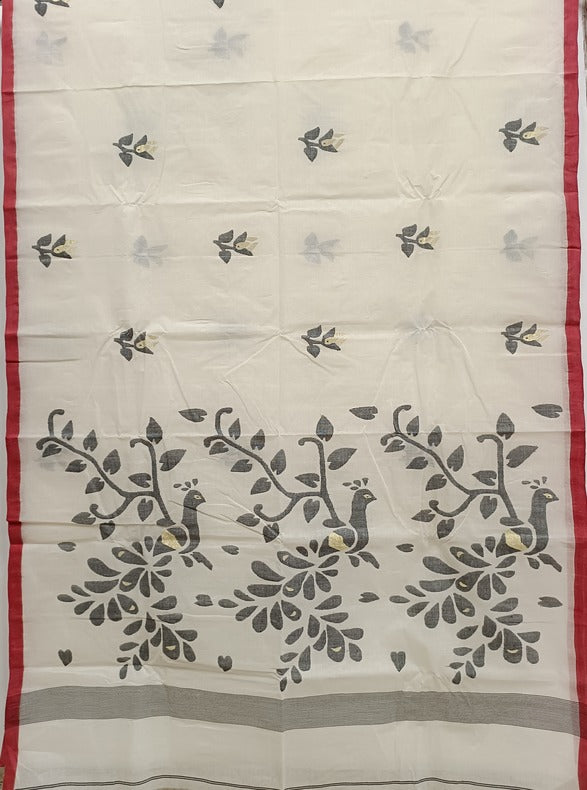 White & Red Handloom Handwoven Cotton Jamdani Saree with Bird Motif Balaram Saha