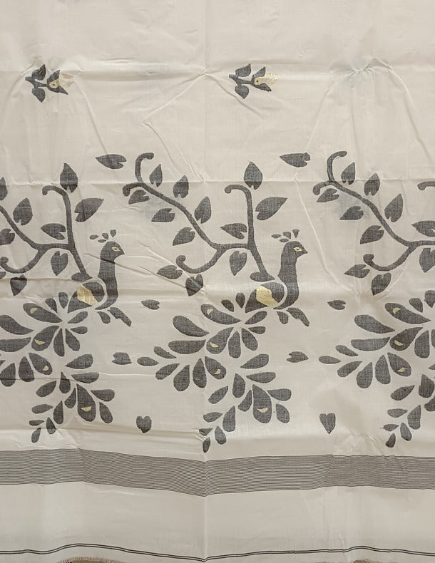 White & Red Handloom Handwoven Cotton Jamdani Saree with Bird Motif Balaram Saha
