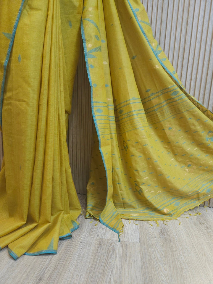Mustard Green & Blue Hanwoven Tussar Silk Jamdani Saree Balaram Saha