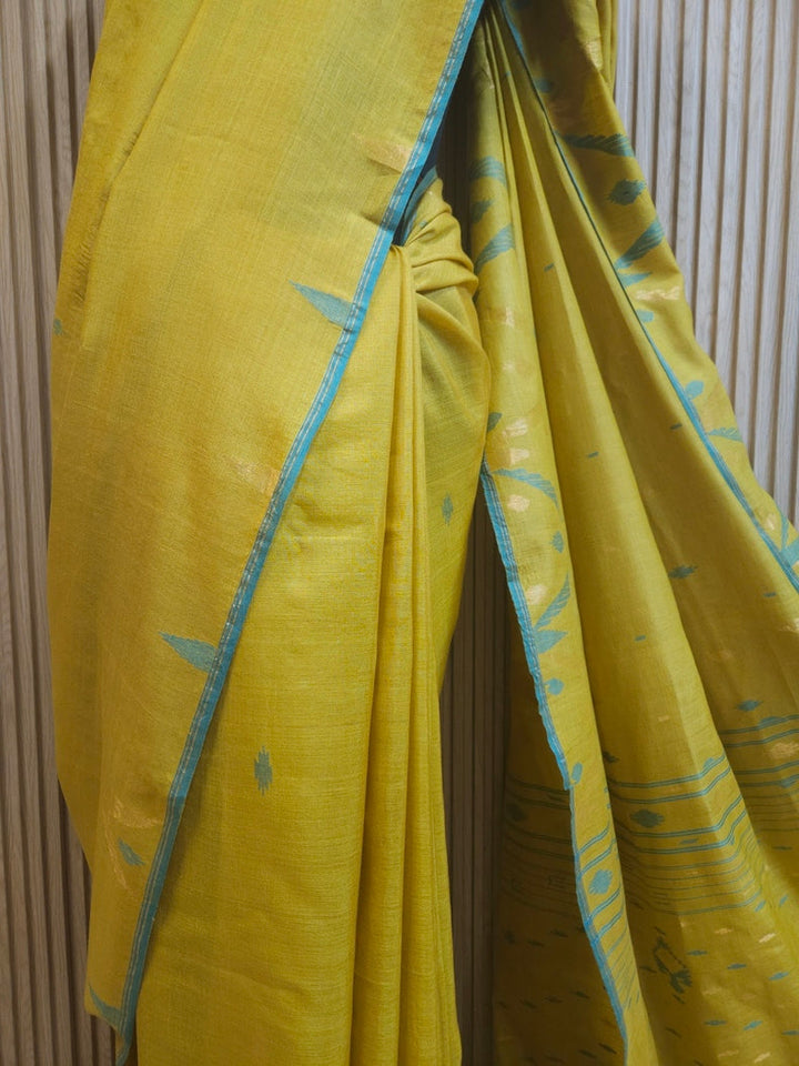 Mustard Green & Blue Hanwoven Tussar Silk Jamdani Saree Balaram Saha