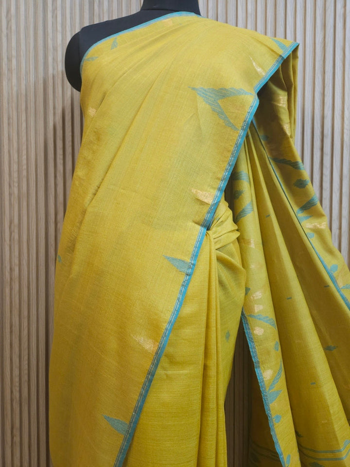 Mustard Green & Blue Hanwoven Tussar Silk Jamdani Saree Balaram Saha