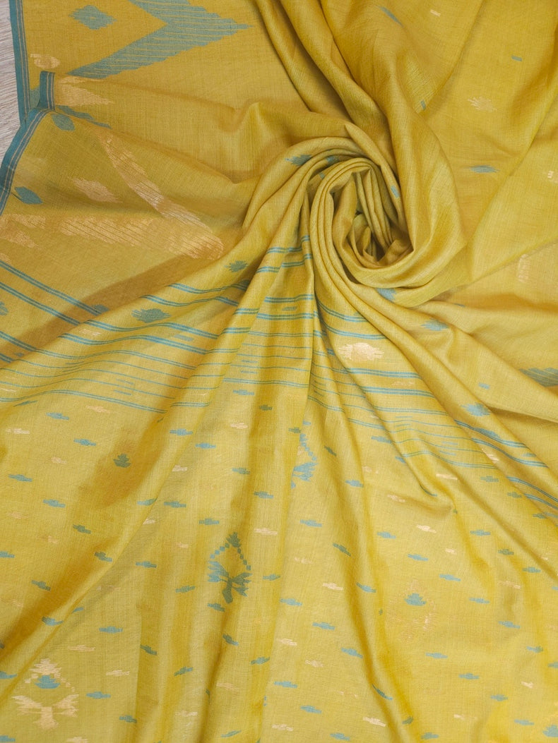 Mustard Green & Blue Hanwoven Tussar Silk Jamdani Saree Balaram Saha