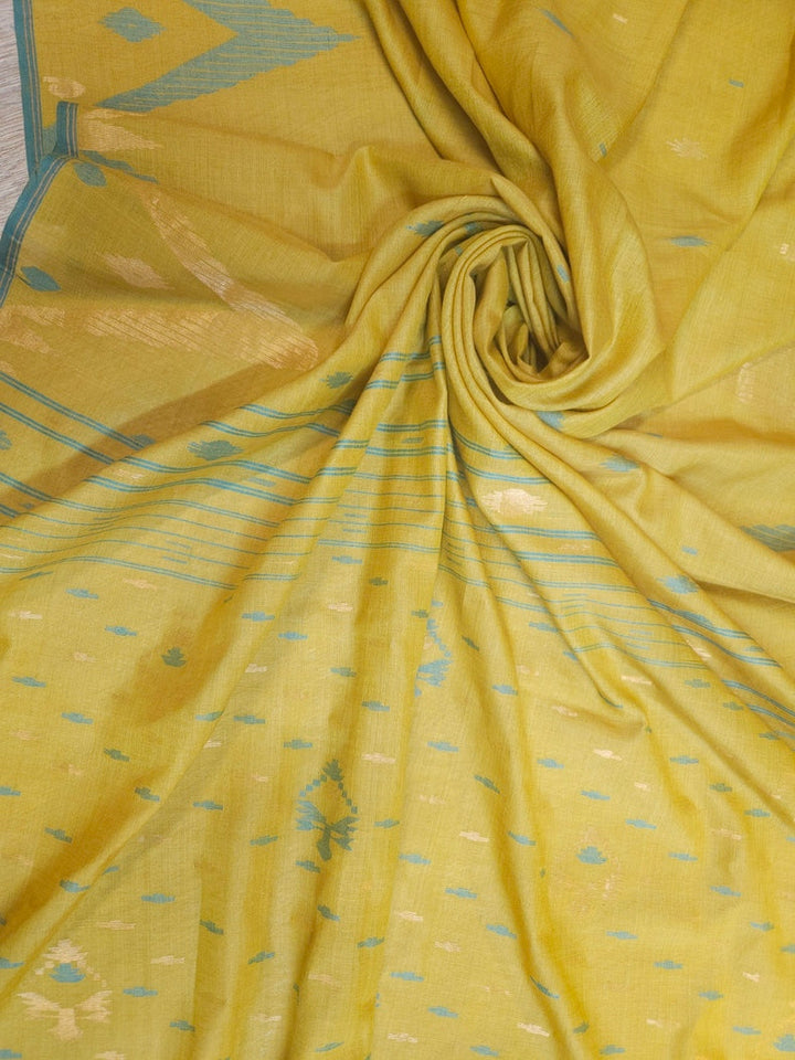 Mustard Green & Blue Hanwoven Tussar Silk Jamdani Saree Balaram Saha