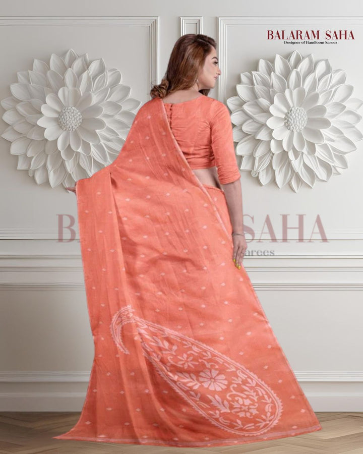 Peach & White Traditional Cotton  Handwoven Jamdani Saree Balaram Saha