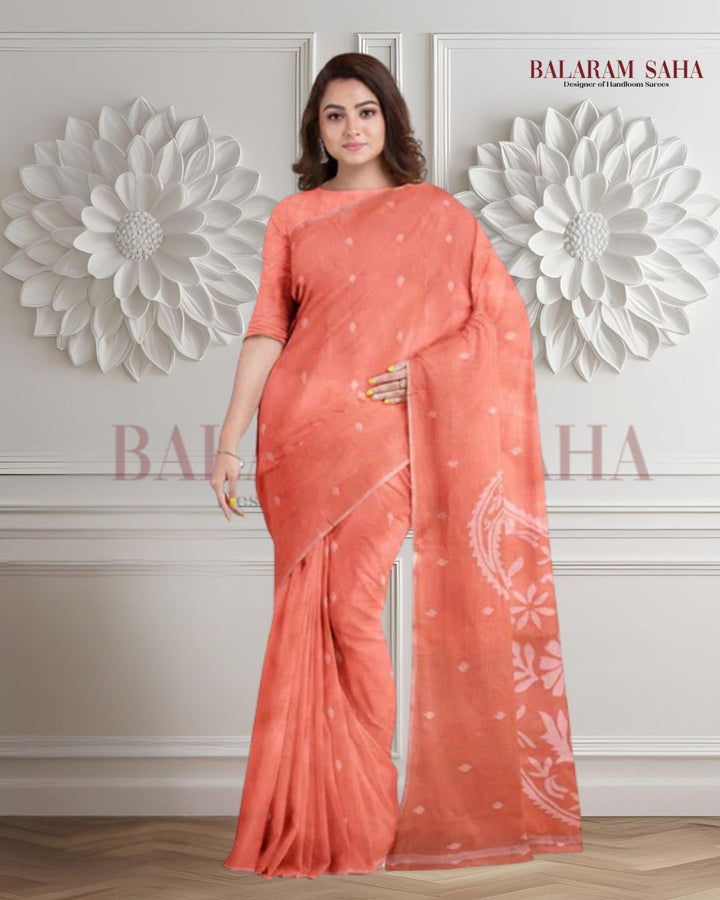 Peach & White Traditional Cotton  Handwoven Jamdani Saree Balaram Saha