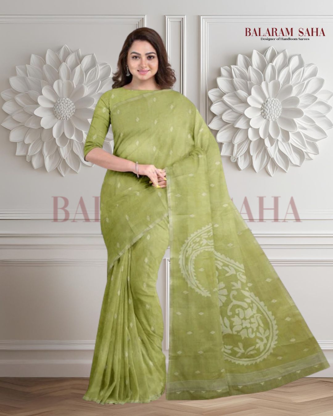 Lemon Green Handloom Traditional Cotton Handwoven Jamdani Saree Balaram Saha