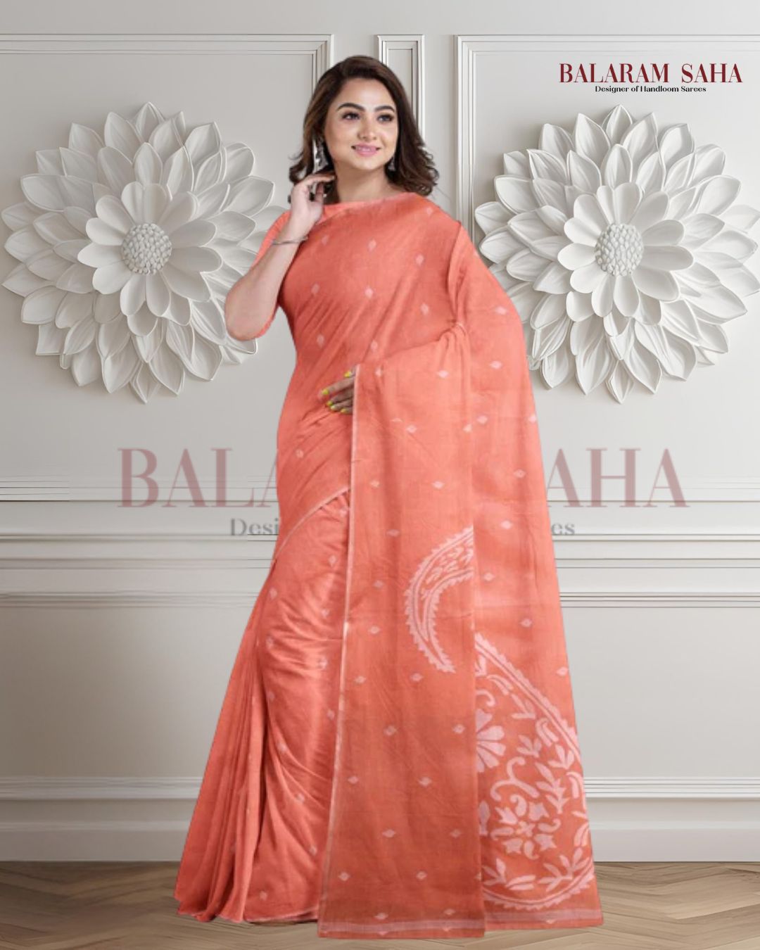 Peach & White Traditional Cotton  Handwoven Jamdani Saree Balaram Saha