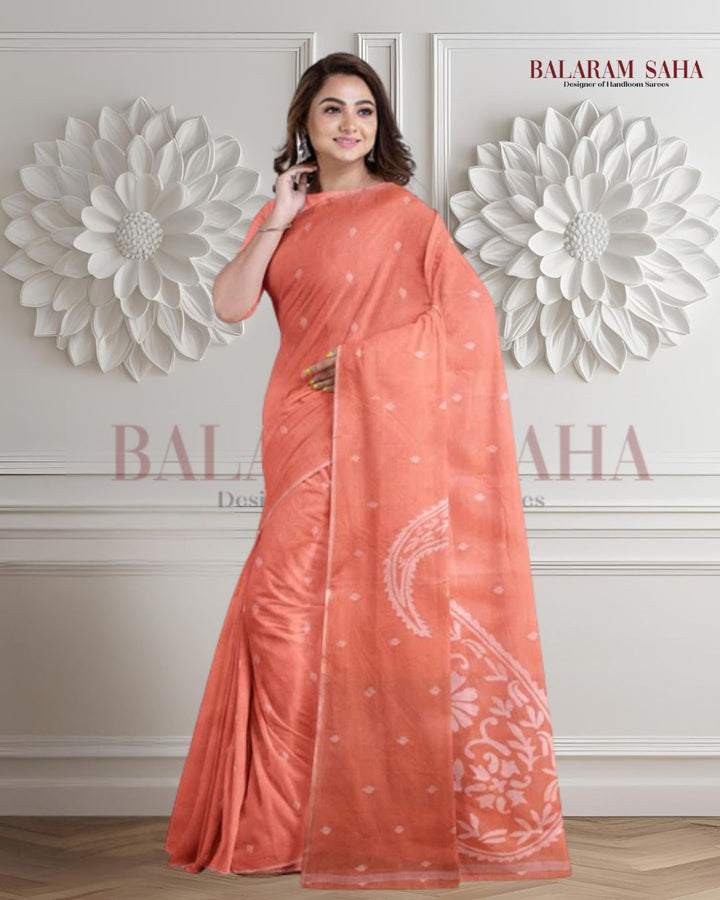 Peach & White Traditional Cotton  Handwoven Jamdani Saree Balaram Saha