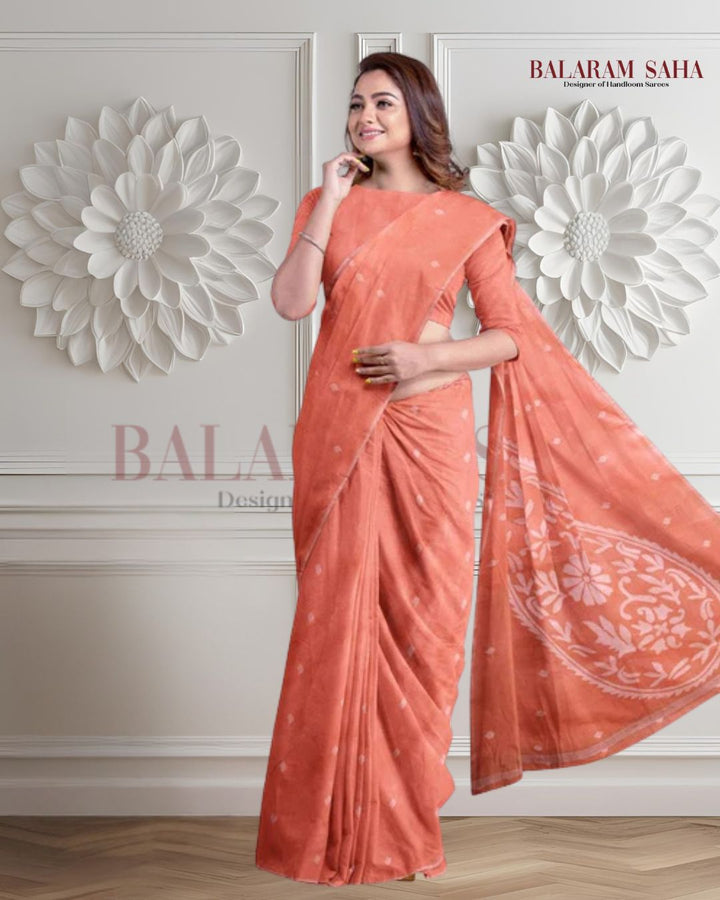 Peach & White Traditional Cotton  Handwoven Jamdani Saree Balaram Saha
