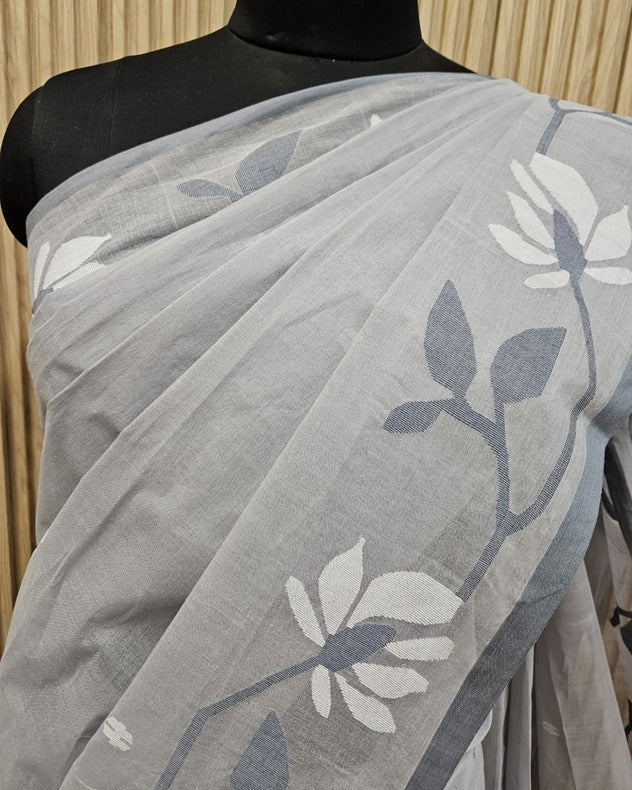 Grey Handloom Handwoven Cotton Jamdani saree - Balaram Saha