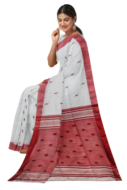 White & Red Handloom Soft Cotton Saree  Balaram Saha