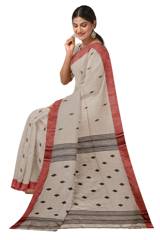 Beige & Red/Black Handloom Soft Cotton Saree Balaram Saha