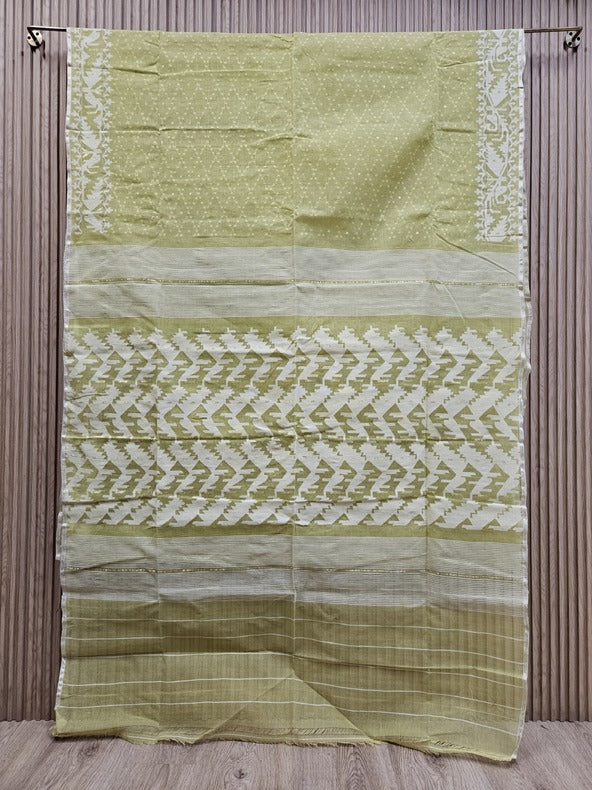 Timeless Grace: Lemone Green Handwoven Pure Cotton Jamdani Saree from Bangladesh | Balaram Saha Balaram Saha