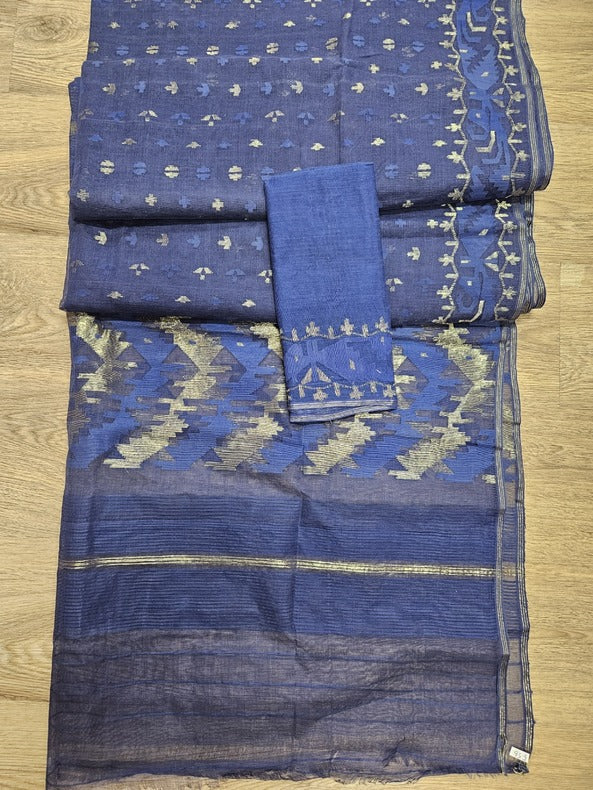 Balaram Saha: Sunshine in Every Thread - Indigo Blue Handwoven Cotton Jamdani Saree Balaram Saha