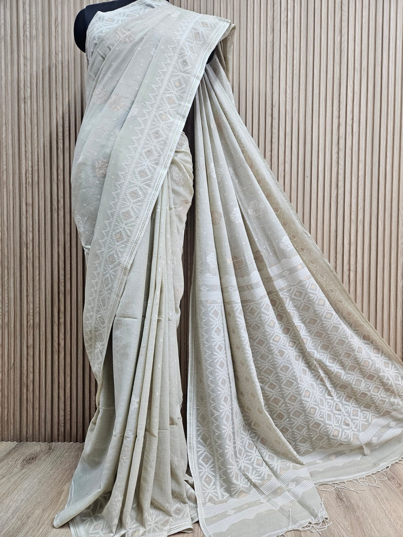 Light Dusty Green on White Handspun Handwoven Cotton Jamdani Saree with White & Gold Woven
