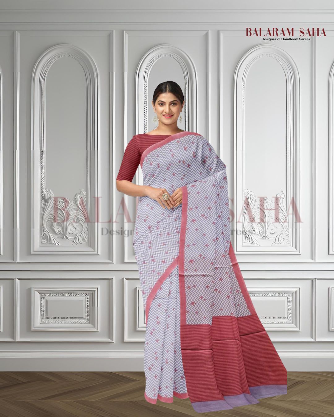 White & Red Handloom Finest Mul Printed Cotton Saree Balaram Saha