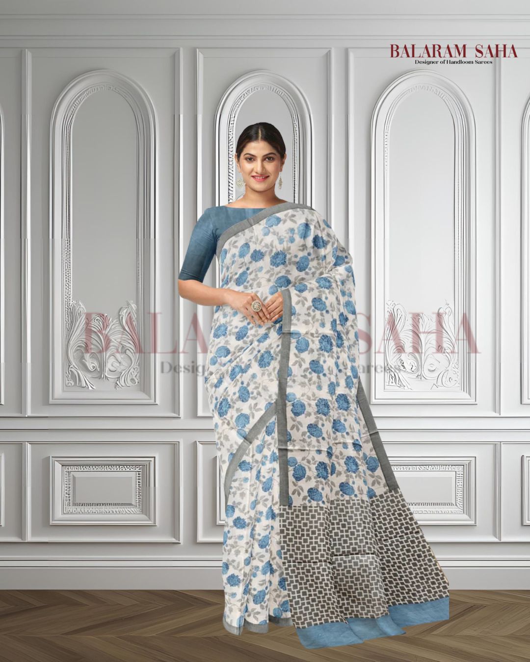 White & Blue Handloom Finest Mul Printed Cotton Saree Balaram Saha