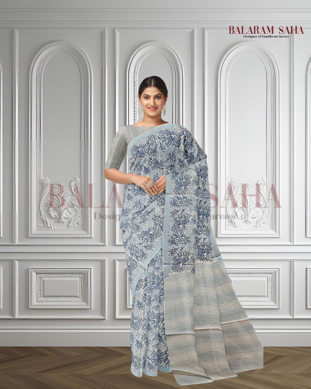 White/Blue Handloom Finest Mul Printed Cotton Saree Balaram Saha