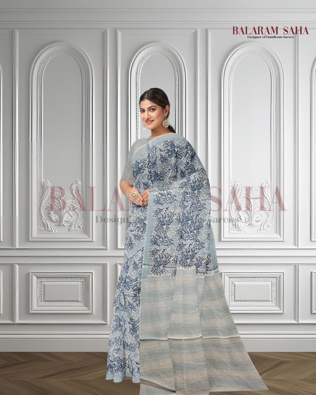 White/Blue Handloom Finest Mul Printed Cotton Saree Balaram Saha