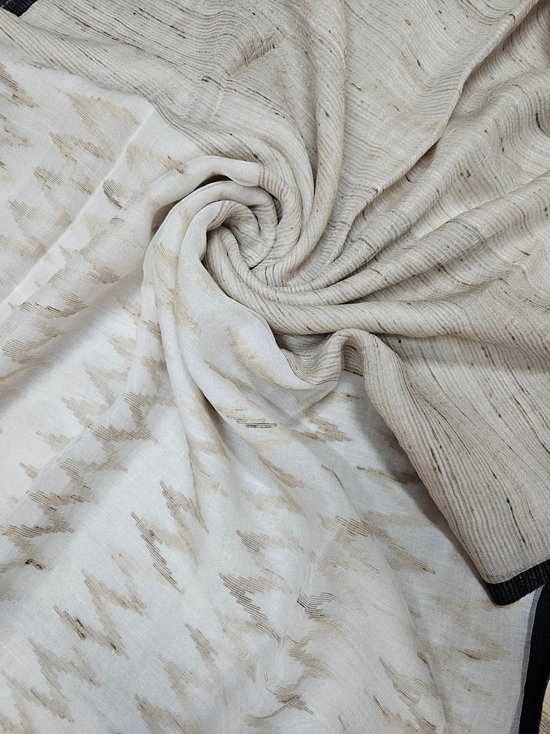 Off White & Black Handsloom Muslin Silk Saree With Jute Weave Balaram Saha