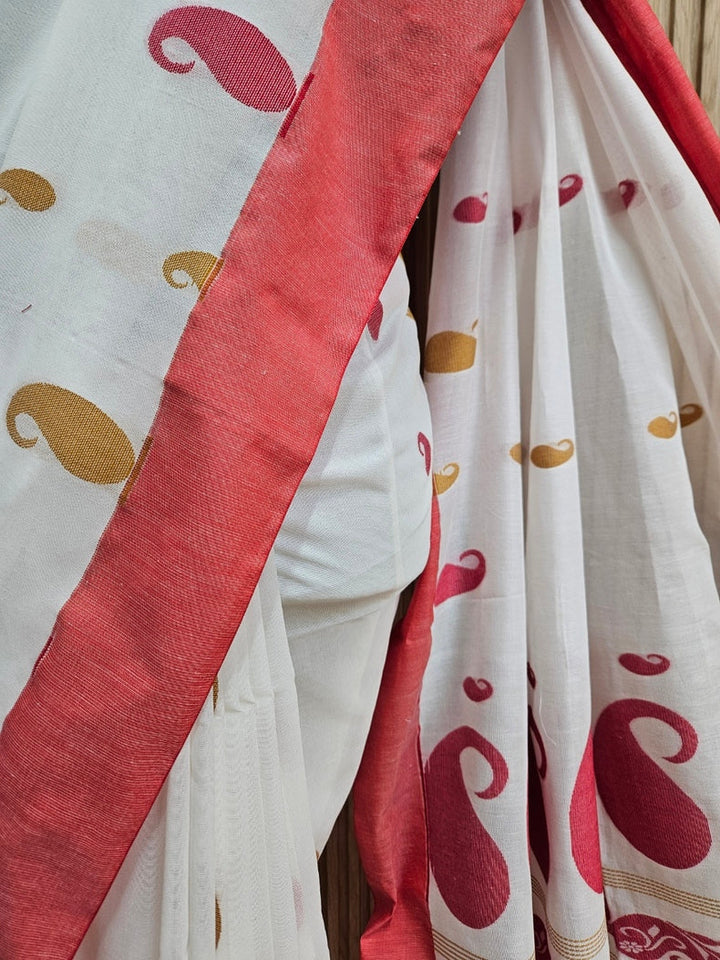 Soft Cotton Blend  White & Red Handloom Saree Balaram Saha