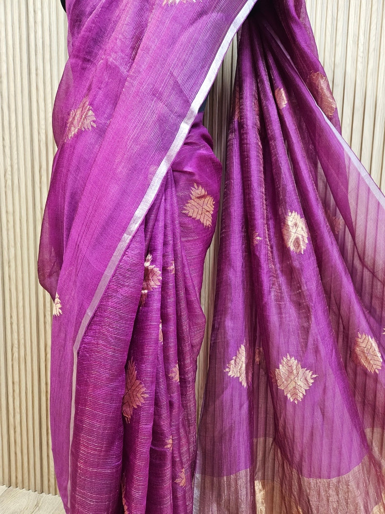 Magenta and Golden Zari Soft Handwoven Muslin Silk saree Balaram Saha