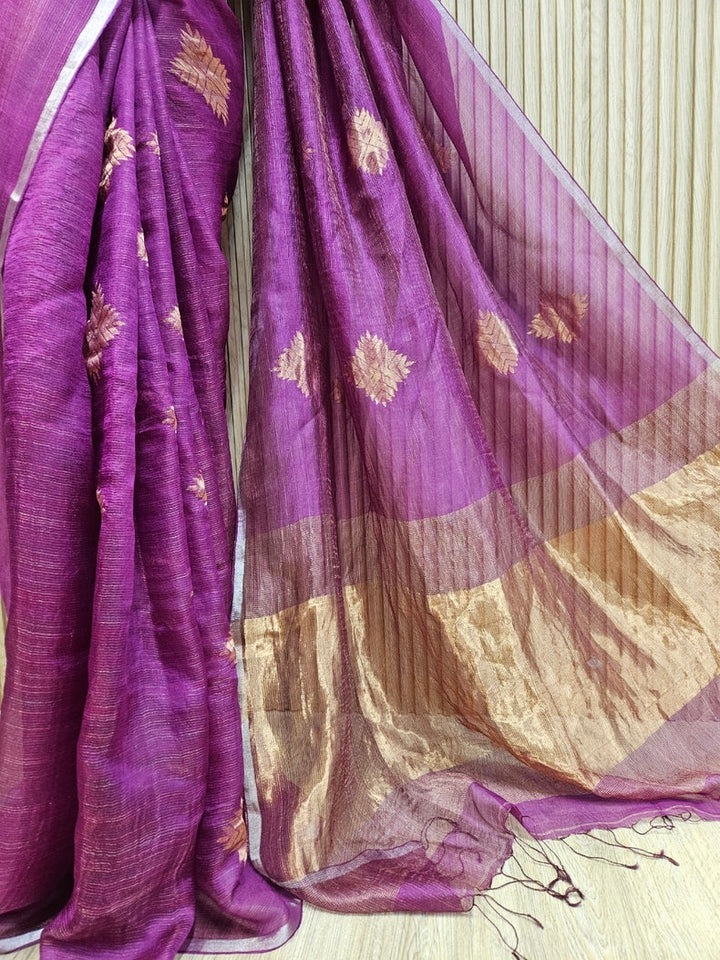 Magenta and Golden Zari Soft Handwoven Muslin Silk saree Balaram Saha