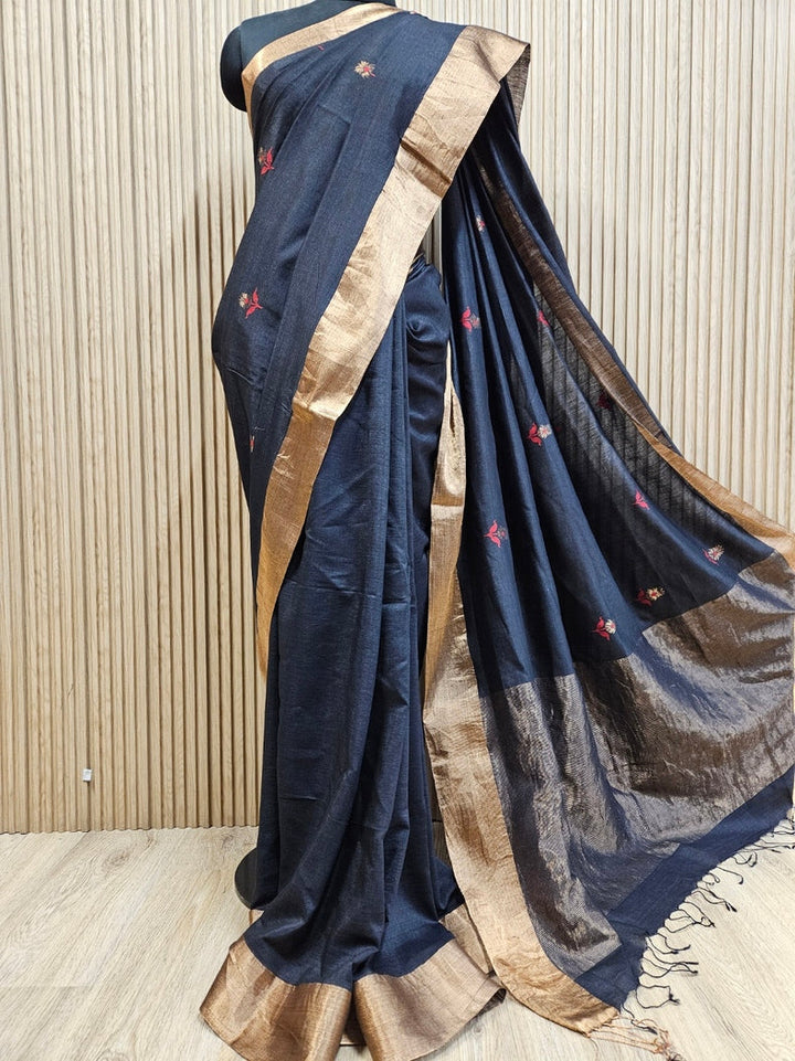 Black & Golden Zari Handloom Soft Khadi Tussar Silk Saree Balaram Saha