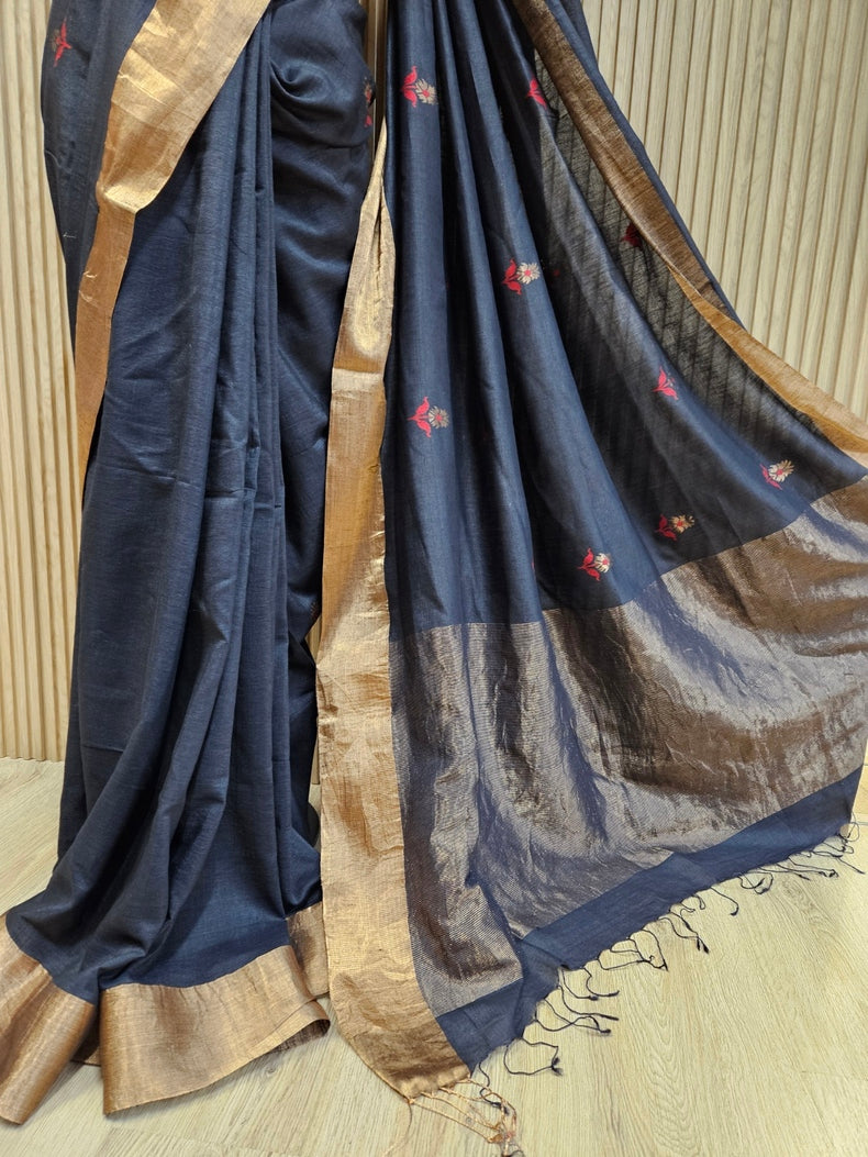 Black & Golden Zari Handloom Soft Khadi Tussar Silk Saree Balaram Saha