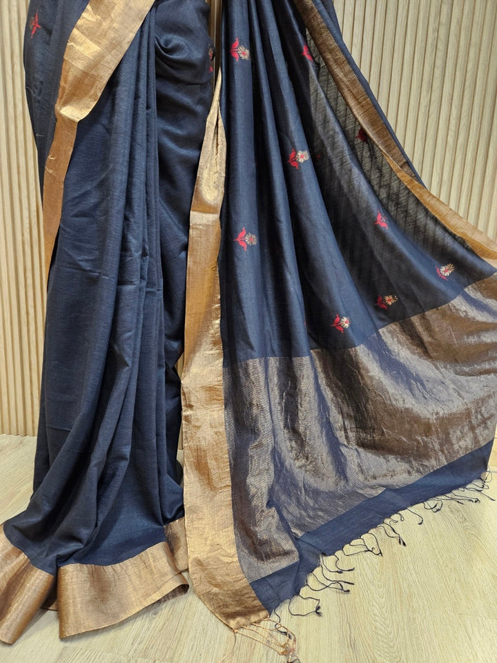 Black & Golden Zari Handloom Soft Khadi Tussar Silk Saree Balaram Saha