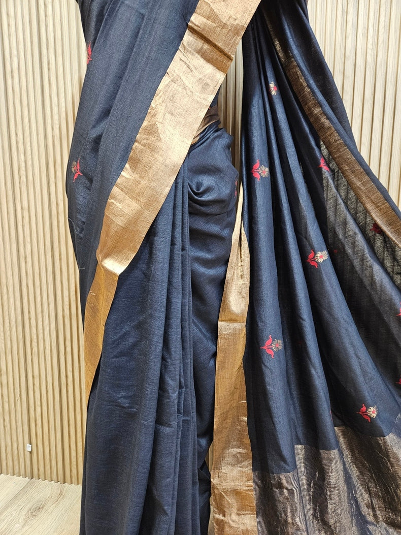 Black & Golden Zari Handloom Soft Khadi Tussar Silk Saree Balaram Saha