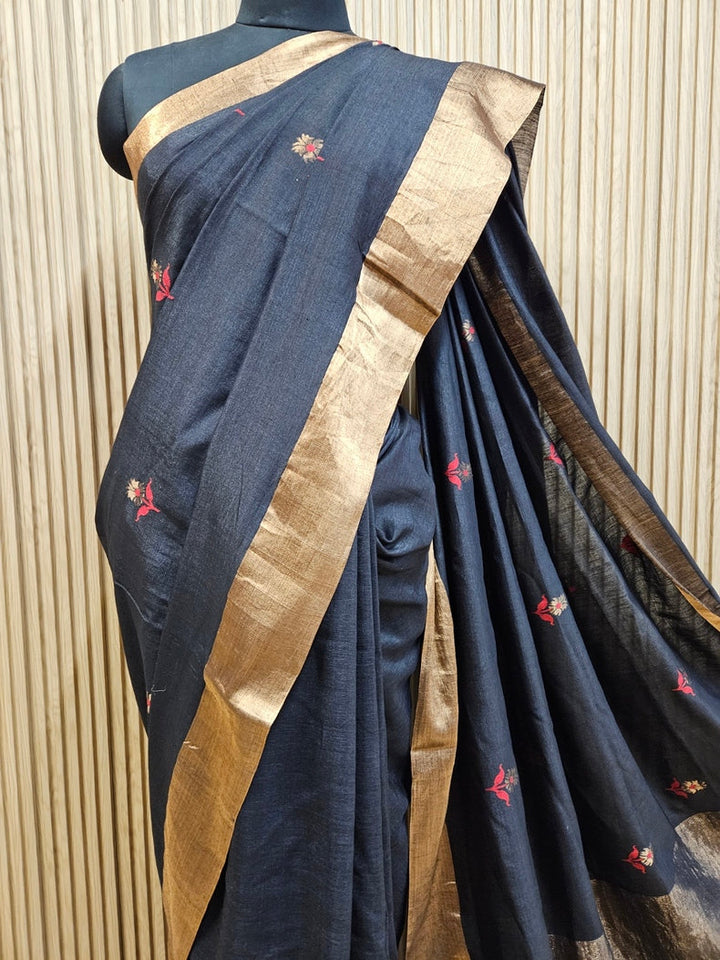 Black & Golden Zari Handloom Soft Khadi Tussar Silk Saree Balaram Saha