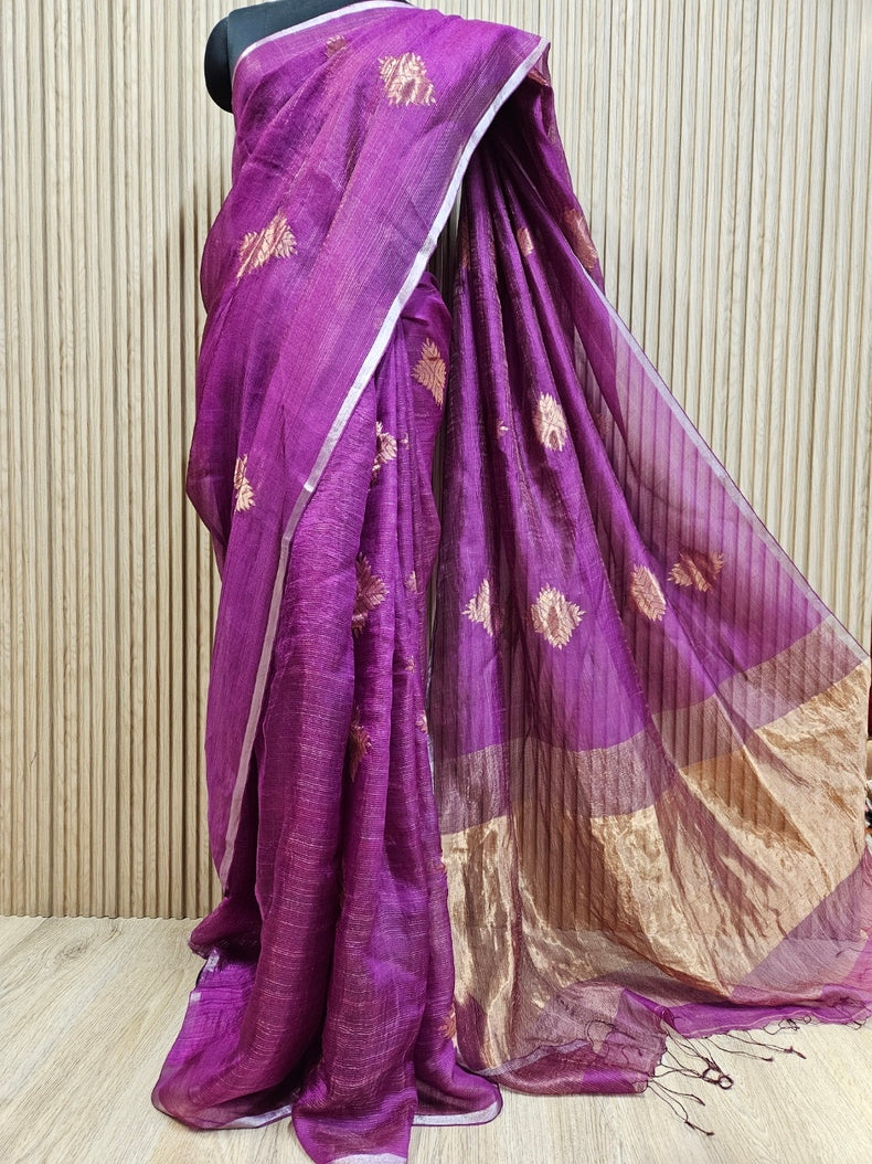 Magenta and Golden Zari Soft Handwoven Muslin Silk saree Balaram Saha