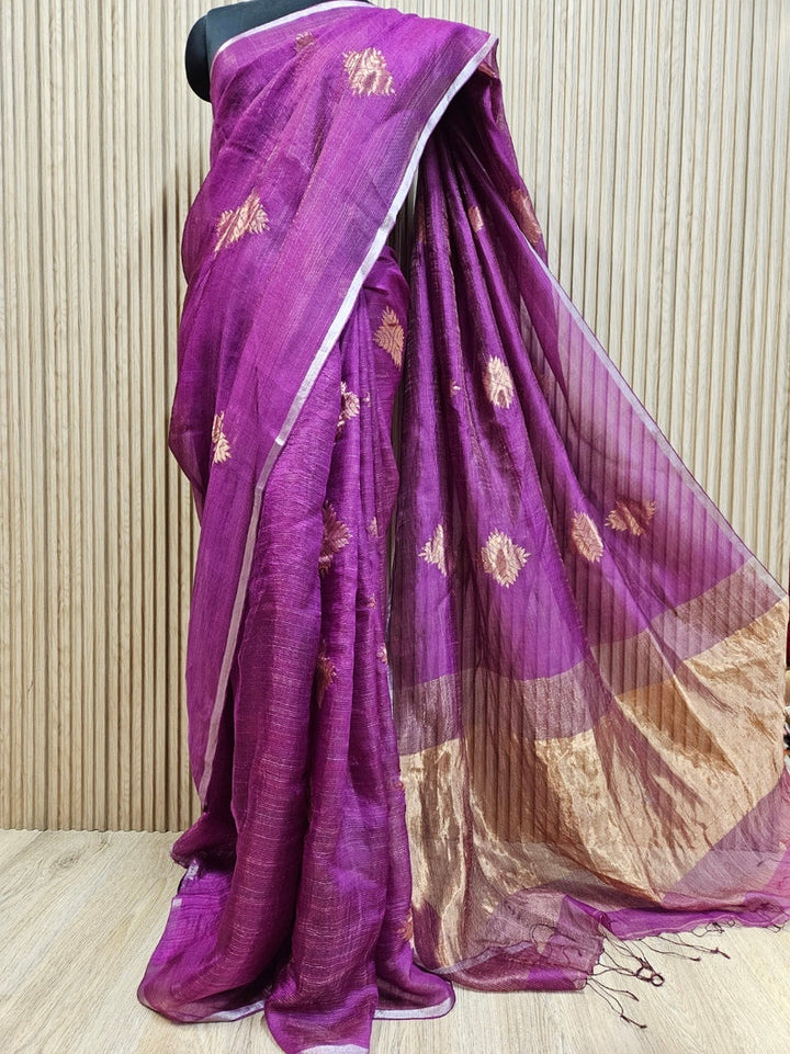 Magenta and Golden Zari Soft Handwoven Muslin Silk saree Balaram Saha