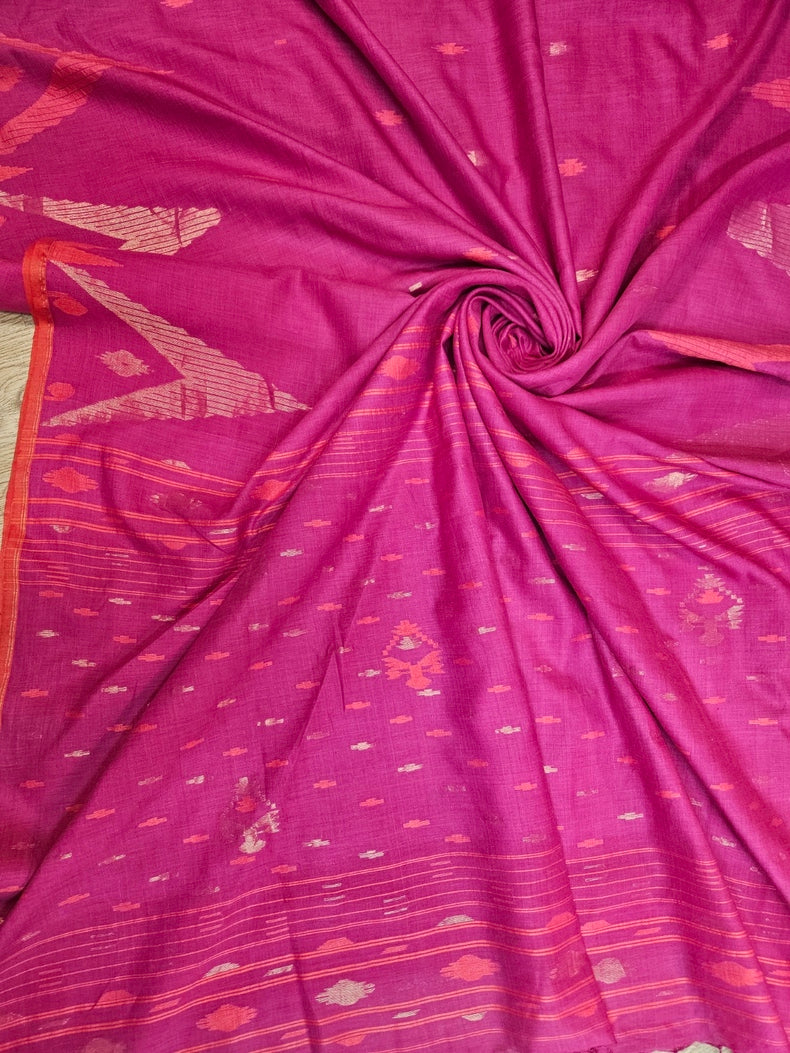 Magenta & Orange Hanwoven Tussar Silk Jamdani Saree Balaram Saha