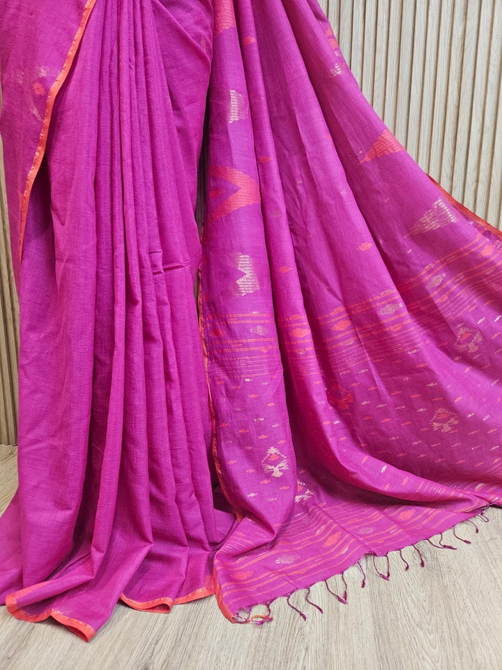 Magenta & Orange Hanwoven Tussar Silk Jamdani Saree Balaram Saha