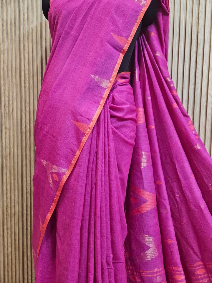 Magenta & Orange Hanwoven Tussar Silk Jamdani Saree Balaram Saha