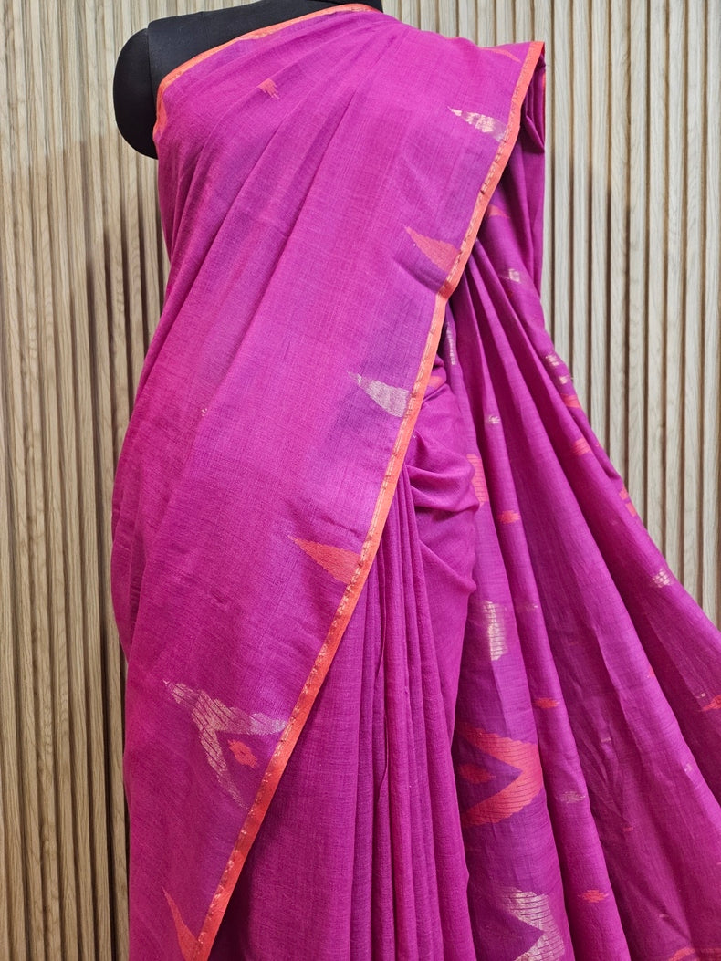 Magenta & Orange Hanwoven Tussar Silk Jamdani Saree Balaram Saha
