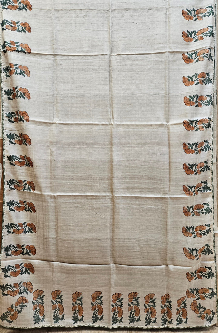 Beige Handloom Vidarbha Tussar Silk Saree With Printed Border Balaram Saha