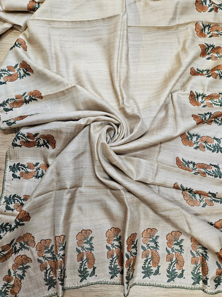 Beige Handloom Vidarbha Tussar Silk Saree With Printed Border Balaram Saha
