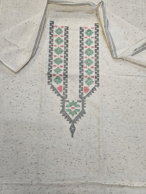 White & Black Hnadwoven Cotton  Unisex Jamdani Kurta Piece Balaram Saha